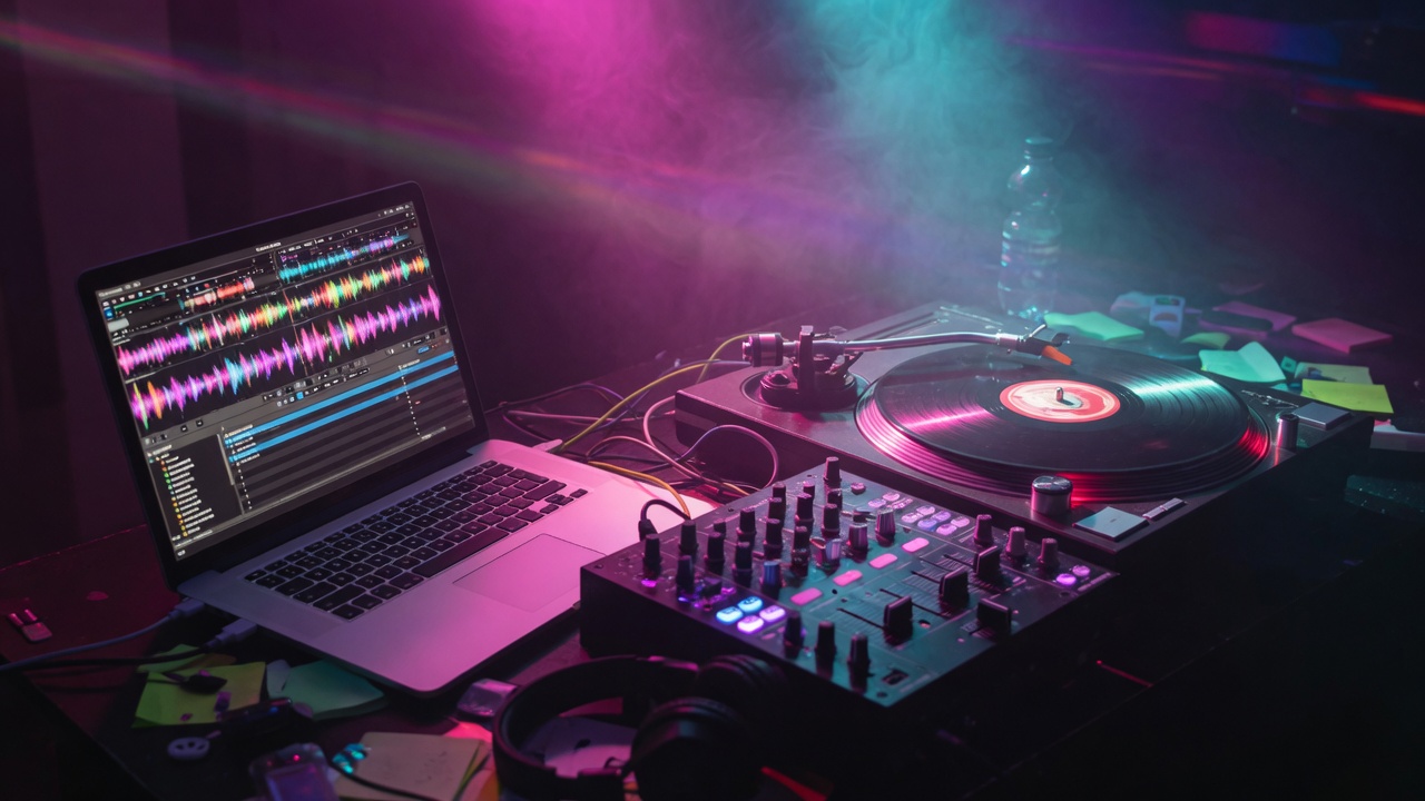 DJ laptop, turntable, and mixer in neon club lighting