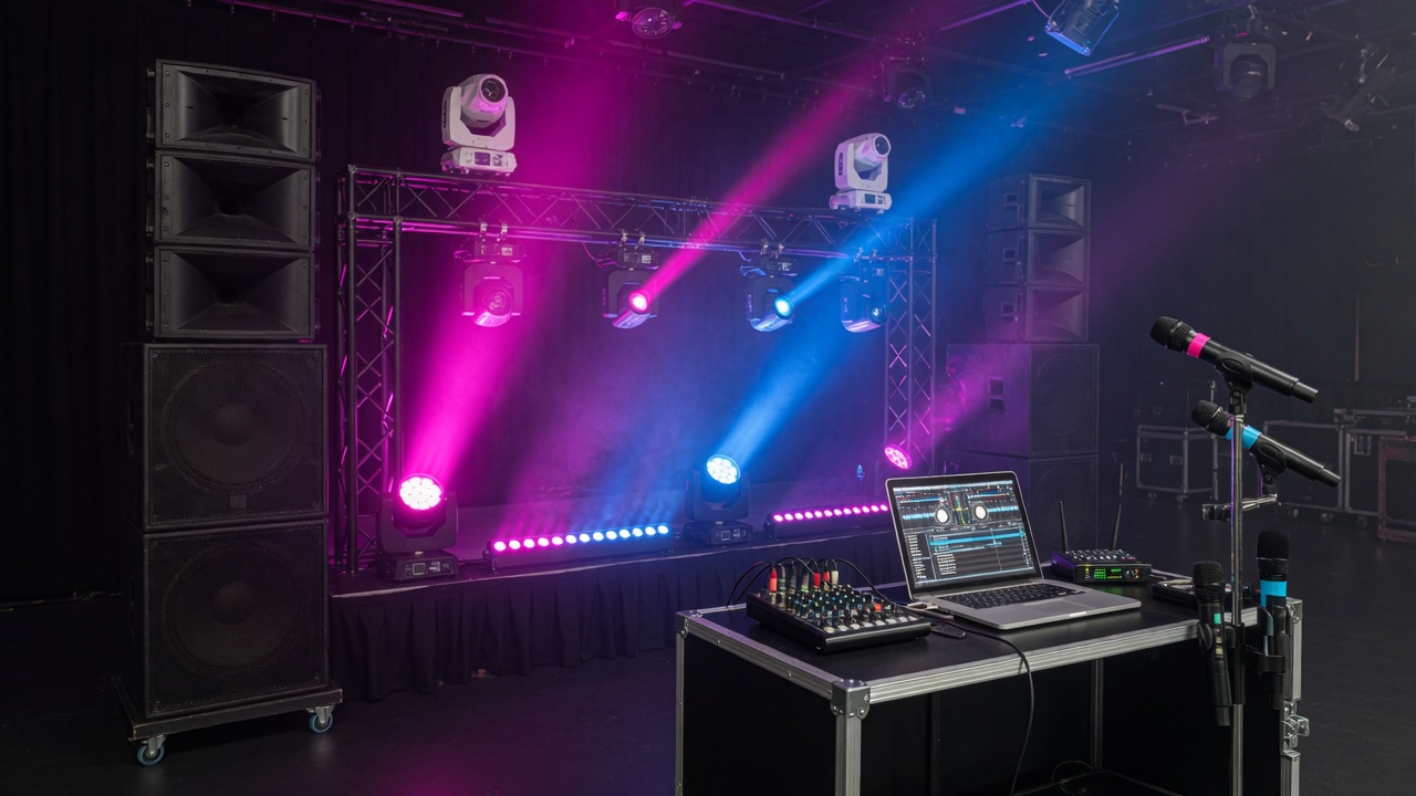 Professional sound, lighting, and microphone setup