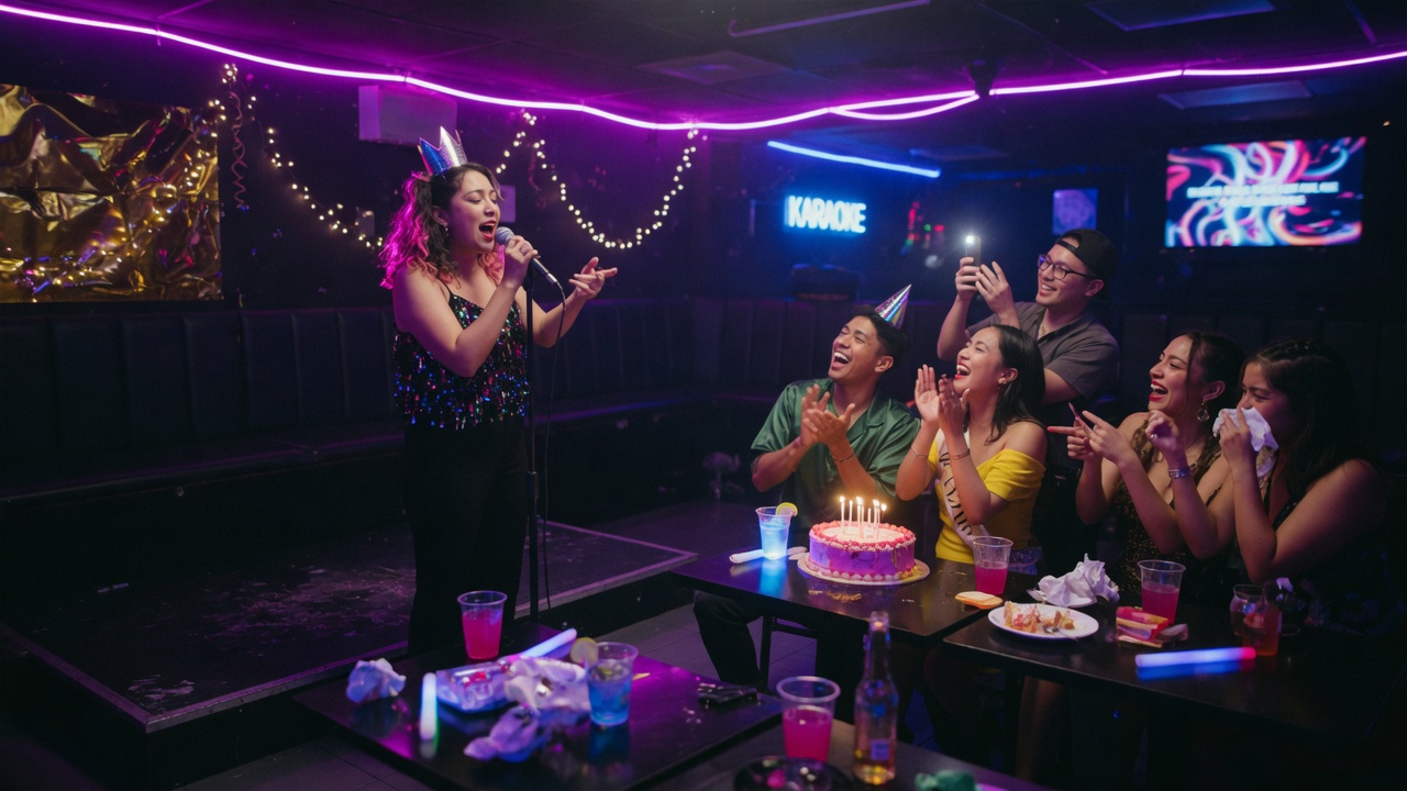 Friends cheering a birthday karaoke performance