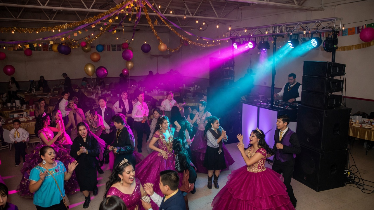 Quinceañera celebration with guests dancing under party lights