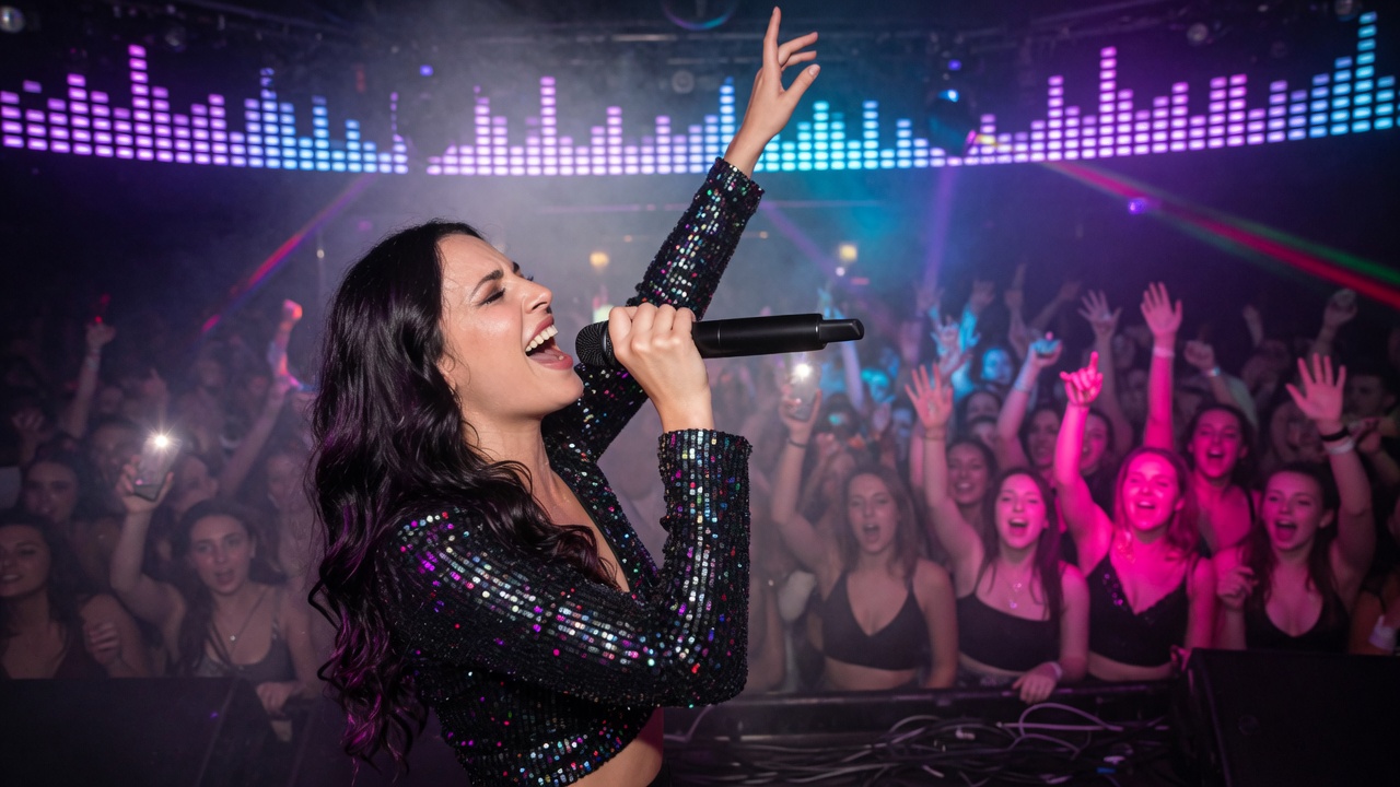 Karaoke singer performing for a packed nightclub crowd